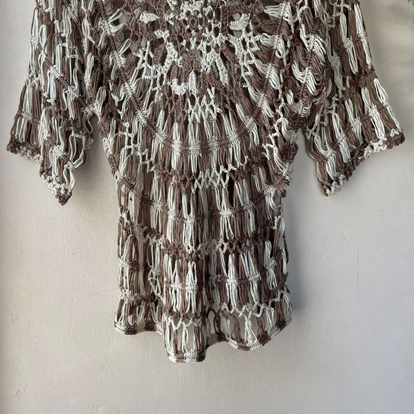 Vintage Y2K Vivid Collection Brown White Crocheted Swim Cover Up Blouse - Picture 6 of 10